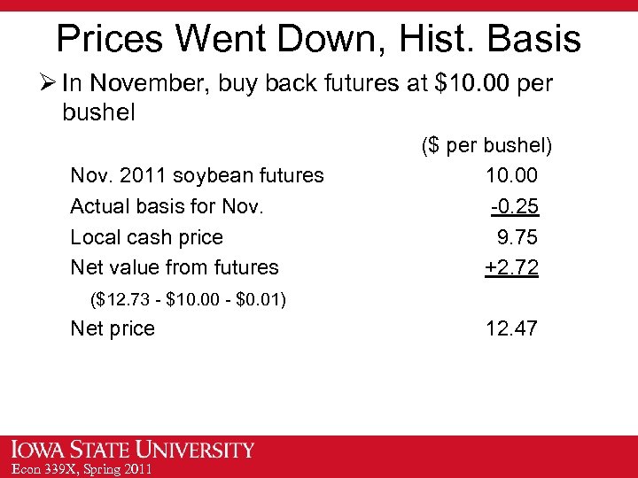 Prices Went Down, Hist. Basis Ø In November, buy back futures at $10. 00