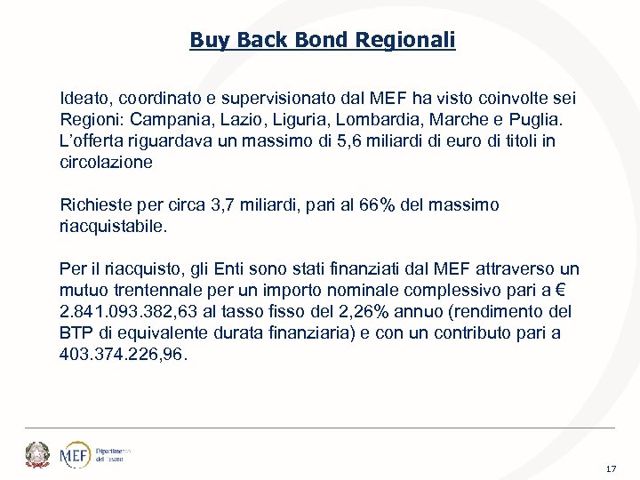Buy Back Bond Regionali Ideato, coordinato e supervisionato dal MEF ha visto coinvolte sei