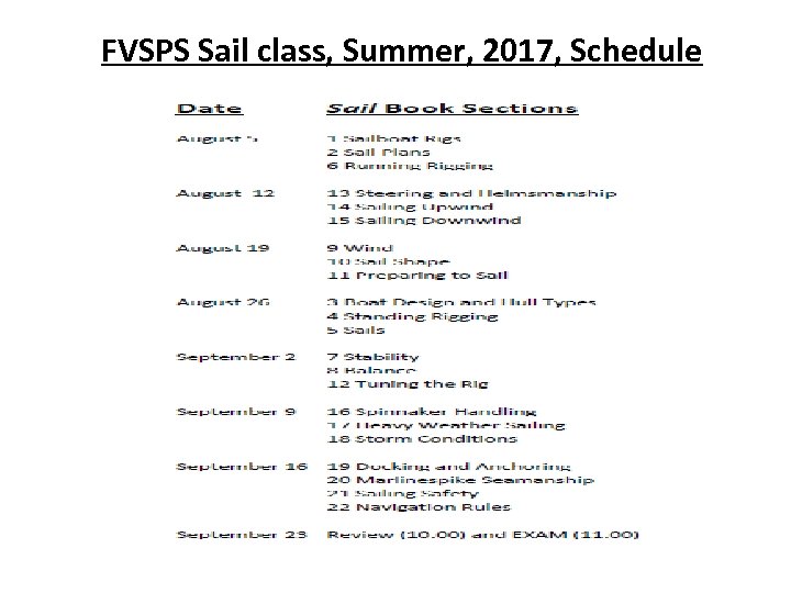FVSPS Sail class, Summer, 2017, Schedule 