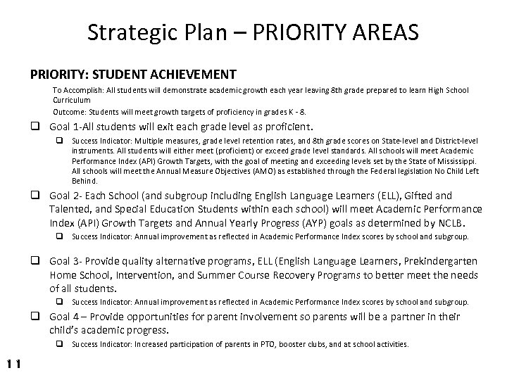 Strategic Plan – PRIORITY AREAS PRIORITY: STUDENT ACHIEVEMENT To Accomplish: All students will demonstrate
