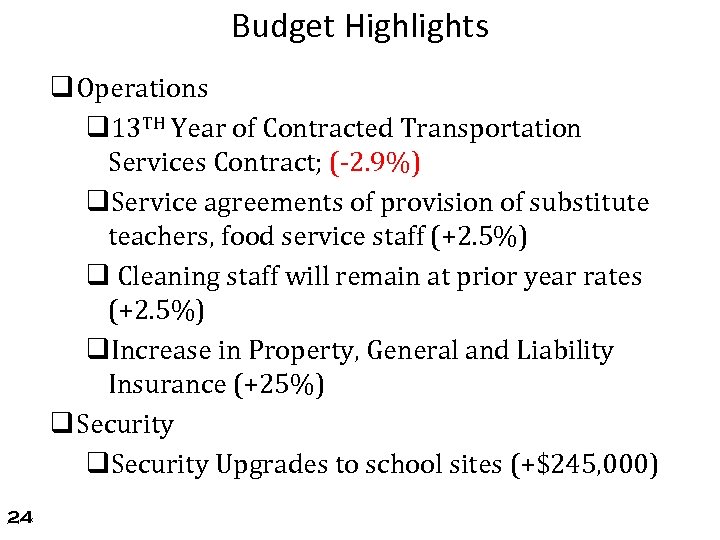 Budget Highlights q Operations q 13 TH Year of Contracted Transportation Services Contract; (-2.