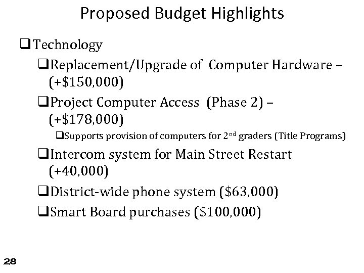 Proposed Budget Highlights q Technology q. Replacement/Upgrade of Computer Hardware – (+$150, 000) q.