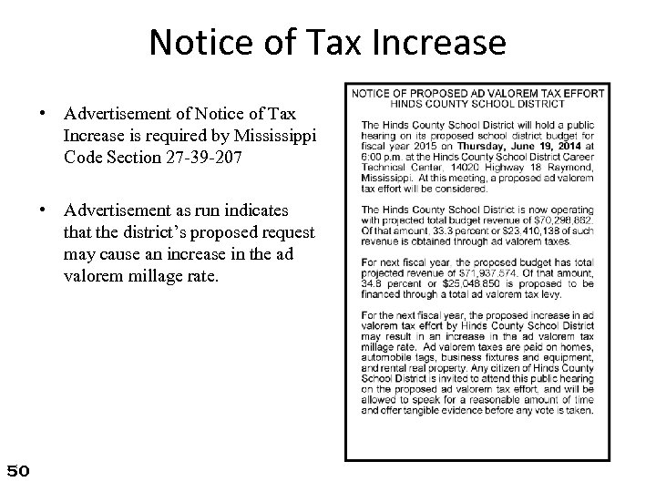 Notice of Tax Increase • Advertisement of Notice of Tax Increase is required by