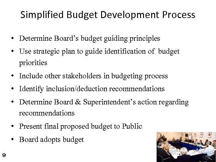 Simplified Budget Development Process • Determine Board’s budget guiding principles • Use strategic plan