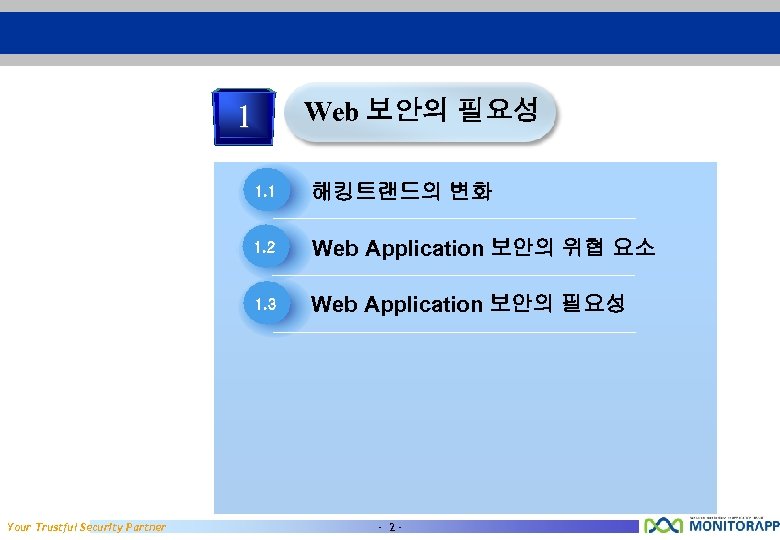 Web 보안의 필요성 1 1. 2 Web Application 보안의 위협 요소 1. 3 Your