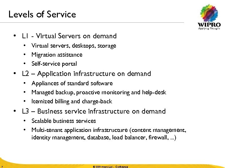 Levels of Service • L 1 - Virtual Servers on demand • Virtual servers,