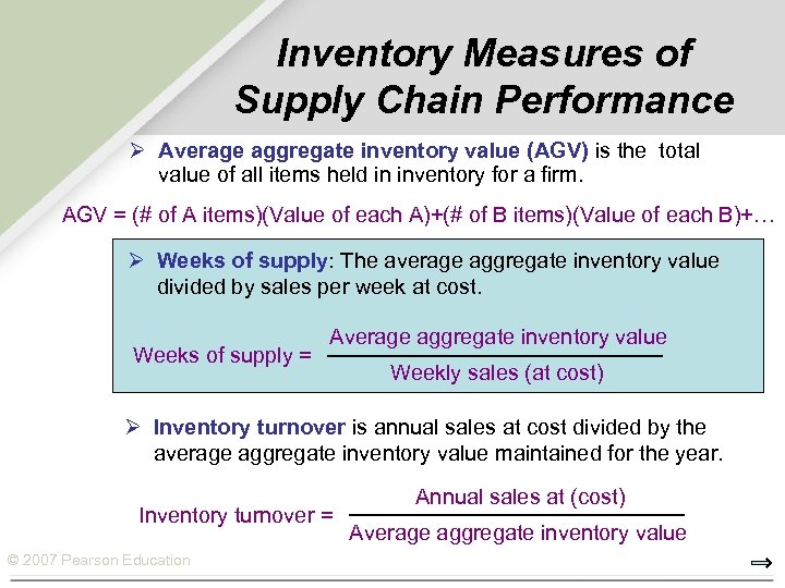 Inventory Measures of Supply Chain Performance Ø Average aggregate inventory value (AGV) is the