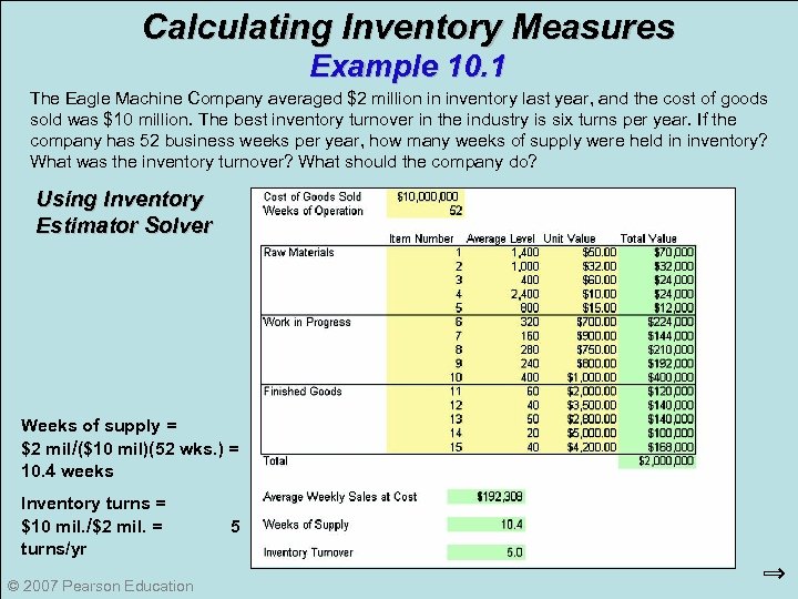 Calculating Inventory Measures Example 10. 1 The Eagle Machine Company averaged $2 million in