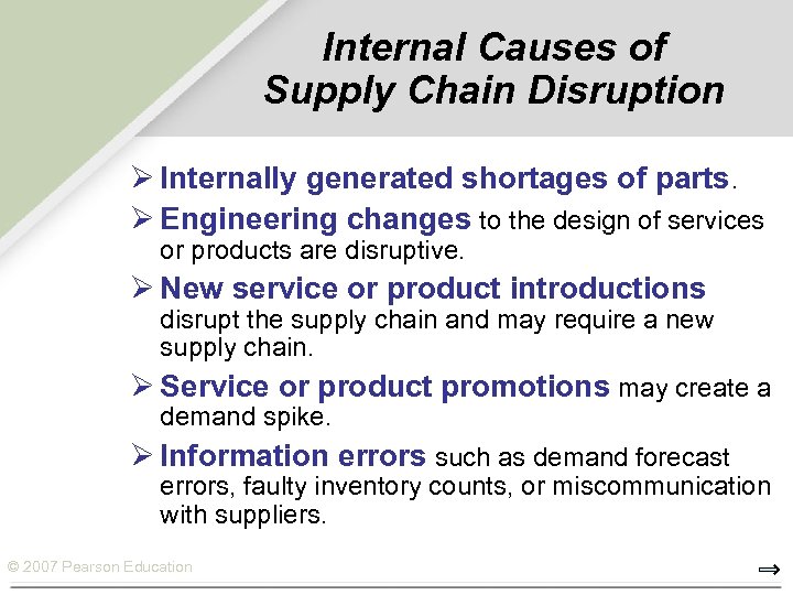 Internal Causes of Supply Chain Disruption Ø Internally generated shortages of parts. Ø Engineering