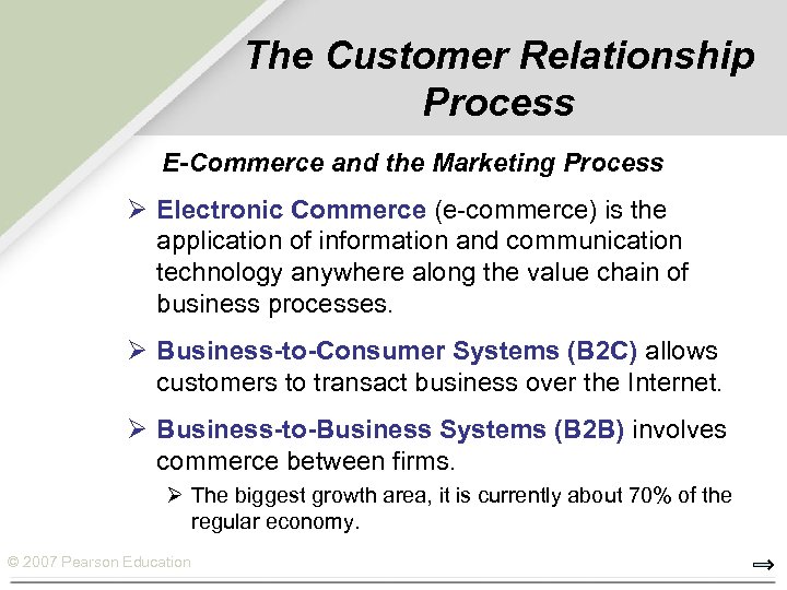 The Customer Relationship Process E-Commerce and the Marketing Process Ø Electronic Commerce (e-commerce) is