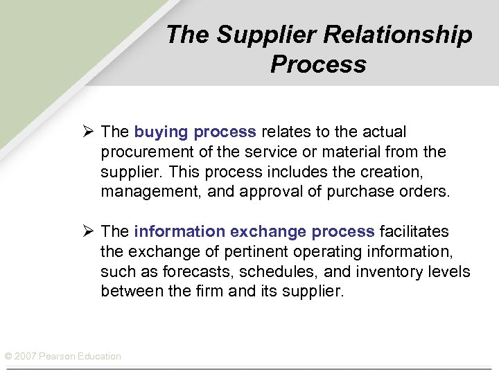 The Supplier Relationship Process Ø The buying process relates to the actual procurement of