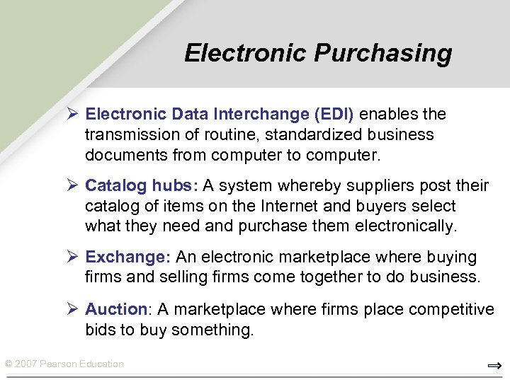 Electronic Purchasing Ø Electronic Data Interchange (EDI) enables the transmission of routine, standardized business