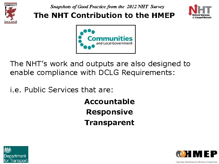 Snapshots of Good Practice from the 2012 NHT Survey The NHT Contribution to the