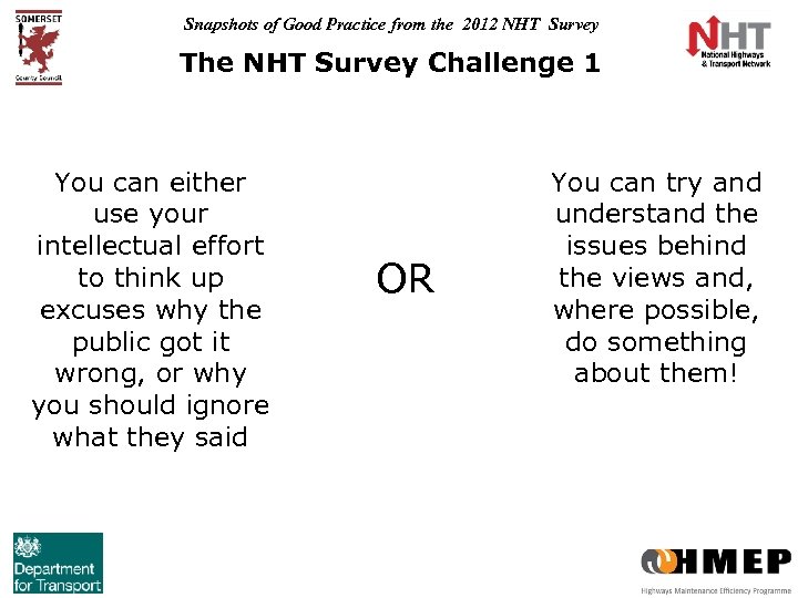 Snapshots of Good Practice from the 2012 NHT Survey The NHT Survey Challenge 1