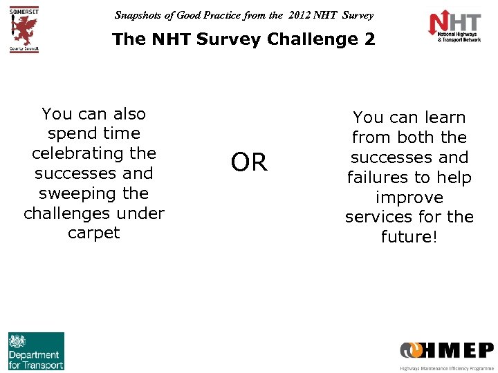 Snapshots of Good Practice from the 2012 NHT Survey The NHT Survey Challenge 2