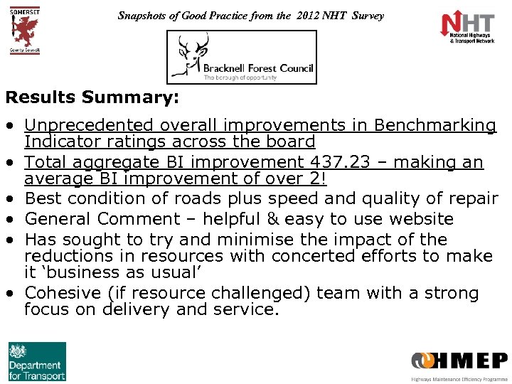 Snapshots of Good Practice from the 2012 NHT Survey Results Summary: • Unprecedented overall