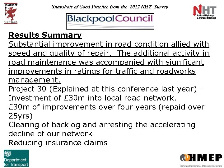 Snapshots of Good Practice from the 2012 NHT Survey Results Summary Substantial improvement in