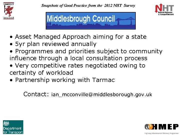 Snapshots of Good Practice from the 2012 NHT Survey • Asset Managed Approach aiming