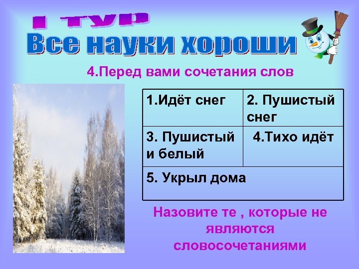 4. Перед вами сочетания слов 1. Идёт снег 2. Пушистый снег 3. Пушистый 4.