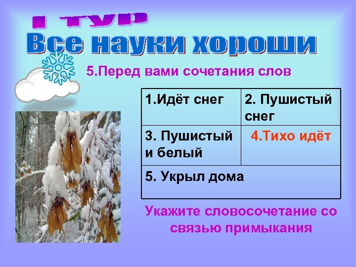 5. Перед вами сочетания слов 1. Идёт снег 2. Пушистый снег 3. Пушистый 4.