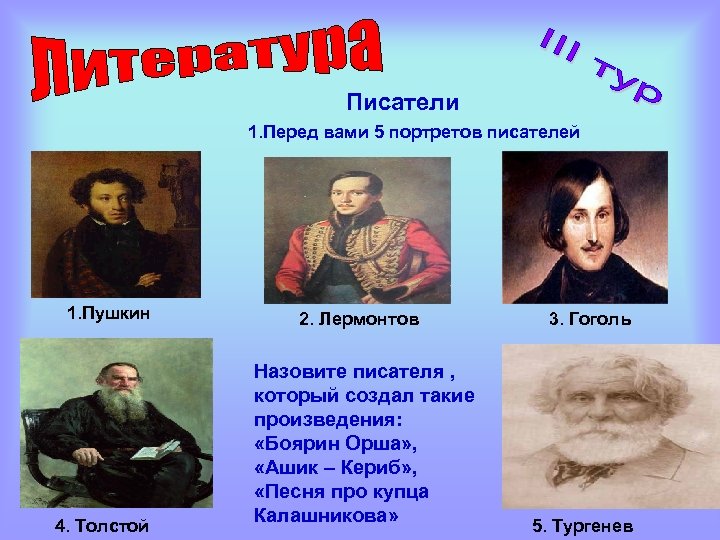 Писатели 1. Перед вами 5 портретов писателей 1. Пушкин 4. Толстой 2. Лермонтов Назовите