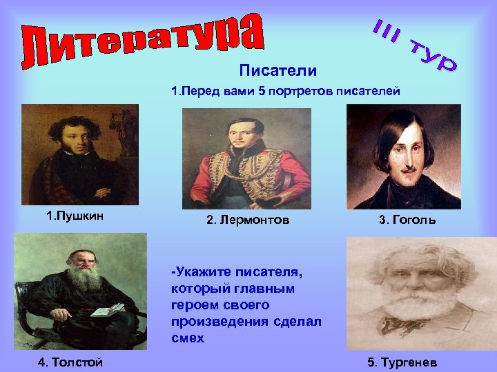 Писатели 1. Перед вами 5 портретов писателей 1. Пушкин 2. Лермонтов 3. Гоголь -Укажите