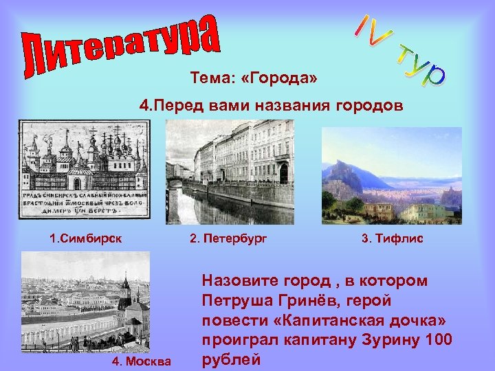 Тема: «Города» 4. Перед вами названия городов 1. Симбирск 4. Москва 2. Петербург 3.