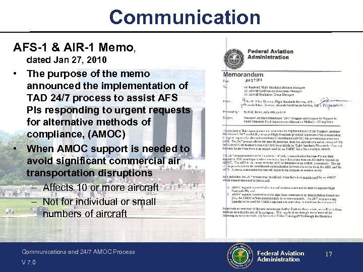 Communication AFS-1 & AIR-1 Memo, dated Jan 27, 2010 • The purpose of the