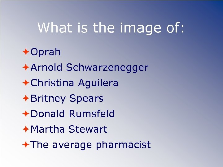 What is the image of: Oprah Arnold Schwarzenegger Christina Aguilera Britney Spears Donald Rumsfeld