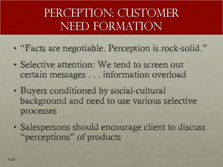 Perception: Customer Need Formation • “Facts are negotiable. Perception is rock-solid. ” • Selective