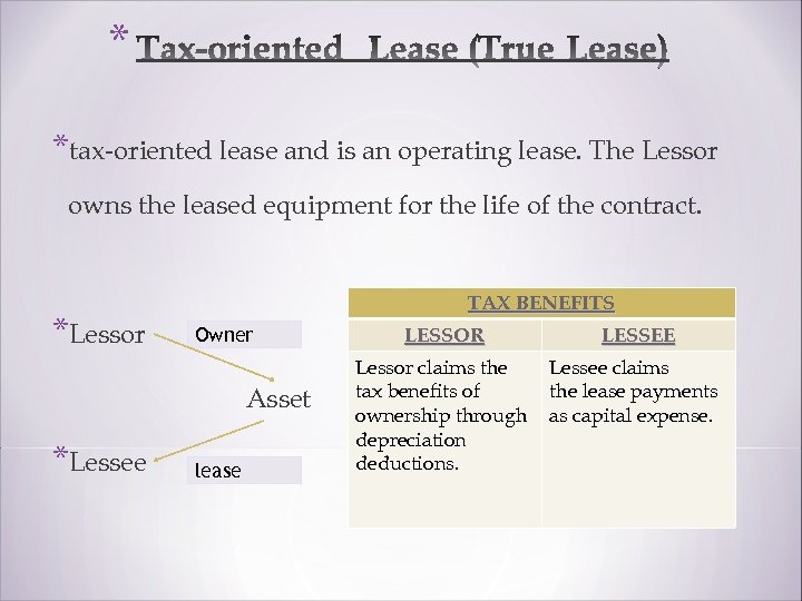 * *tax-oriented lease and is an operating lease. The Lessor owns the leased equipment