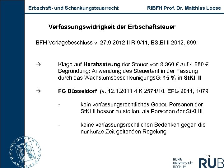 Erbschaft- und Schenkungsteuerrecht Ri. BFH Prof. Dr. Matthias Loose Verfassungswidrigkeit der Erbschaftsteuer BFH Vorlagebeschluss