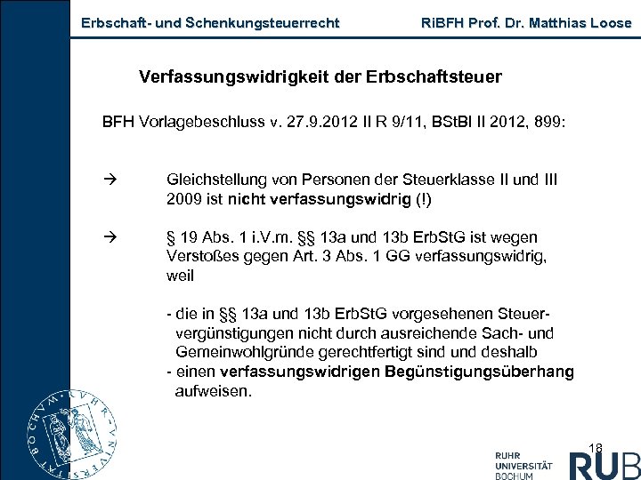 Erbschaft- und Schenkungsteuerrecht Ri. BFH Prof. Dr. Matthias Loose Verfassungswidrigkeit der Erbschaftsteuer BFH Vorlagebeschluss
