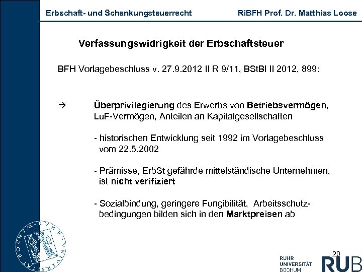 Erbschaft- und Schenkungsteuerrecht Ri. BFH Prof. Dr. Matthias Loose Verfassungswidrigkeit der Erbschaftsteuer BFH Vorlagebeschluss