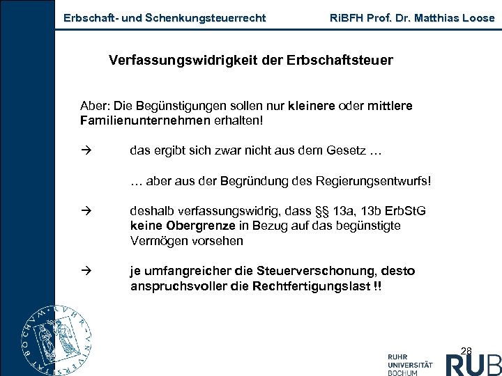 Erbschaft- und Schenkungsteuerrecht Ri. BFH Prof. Dr. Matthias Loose Verfassungswidrigkeit der Erbschaftsteuer Aber: Die