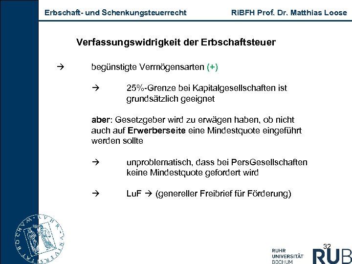 Erbschaft- und Schenkungsteuerrecht Ri. BFH Prof. Dr. Matthias Loose Verfassungswidrigkeit der Erbschaftsteuer begünstigte Vermögensarten