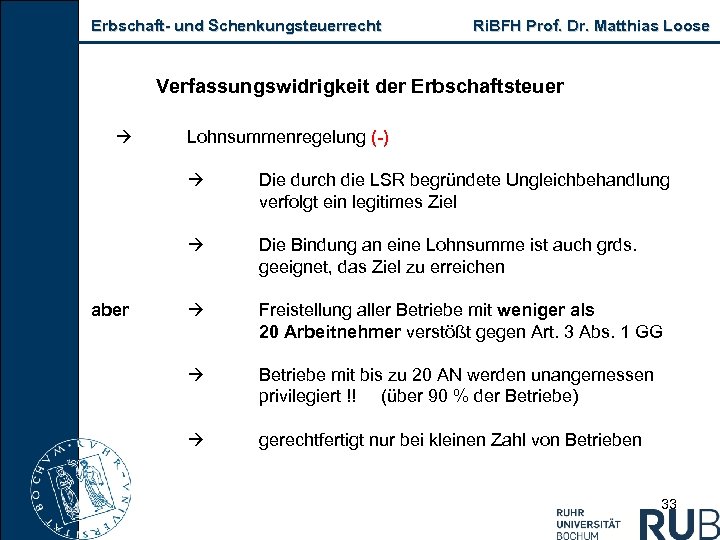 Erbschaft- und Schenkungsteuerrecht Ri. BFH Prof. Dr. Matthias Loose Verfassungswidrigkeit der Erbschaftsteuer Lohnsummenregelung (-)