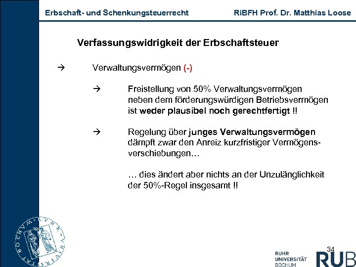 Erbschaft- und Schenkungsteuerrecht Ri. BFH Prof. Dr. Matthias Loose Verfassungswidrigkeit der Erbschaftsteuer Verwaltungsvermögen (-)