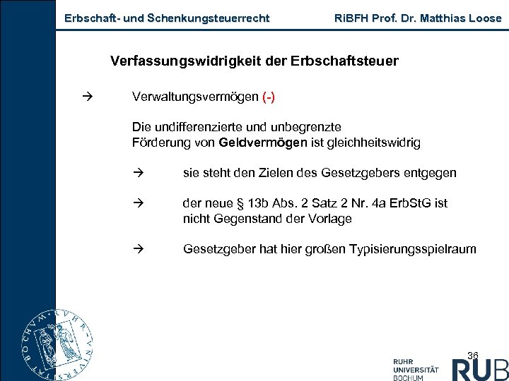 Erbschaft- und Schenkungsteuerrecht Ri. BFH Prof. Dr. Matthias Loose Verfassungswidrigkeit der Erbschaftsteuer Verwaltungsvermögen (-)