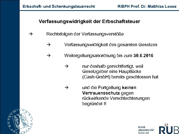 Erbschaft- und Schenkungsteuerrecht Ri. BFH Prof. Dr. Matthias Loose Verfassungswidrigkeit der Erbschaftsteuer Rechtsfolgen der