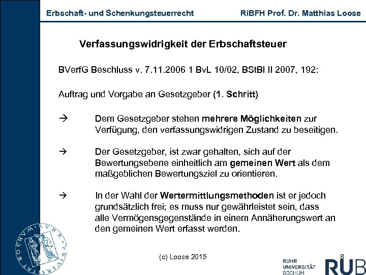 Erbschaft- und Schenkungsteuerrecht Ri. BFH Prof. Dr. Matthias Loose Verfassungswidrigkeit der Erbschaftsteuer BVerf. G