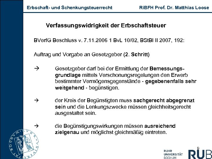 Erbschaft- und Schenkungsteuerrecht Ri. BFH Prof. Dr. Matthias Loose Verfassungswidrigkeit der Erbschaftsteuer BVerf. G