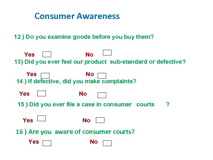 Consumer Awareness 12 ) Do you examine goods before you buy them? Yes No