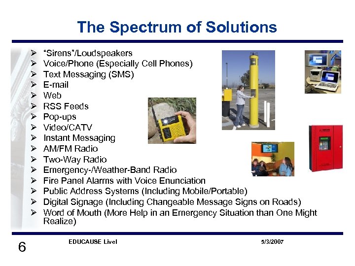 The Spectrum of Solutions Ø Ø Ø Ø 6 “Sirens”/Loudspeakers Voice/Phone (Especially Cell Phones)