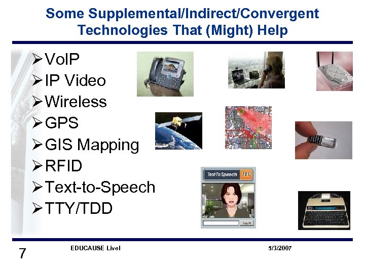 Some Supplemental/Indirect/Convergent Technologies That (Might) Help Ø Vo. IP Ø IP Video Ø Wireless