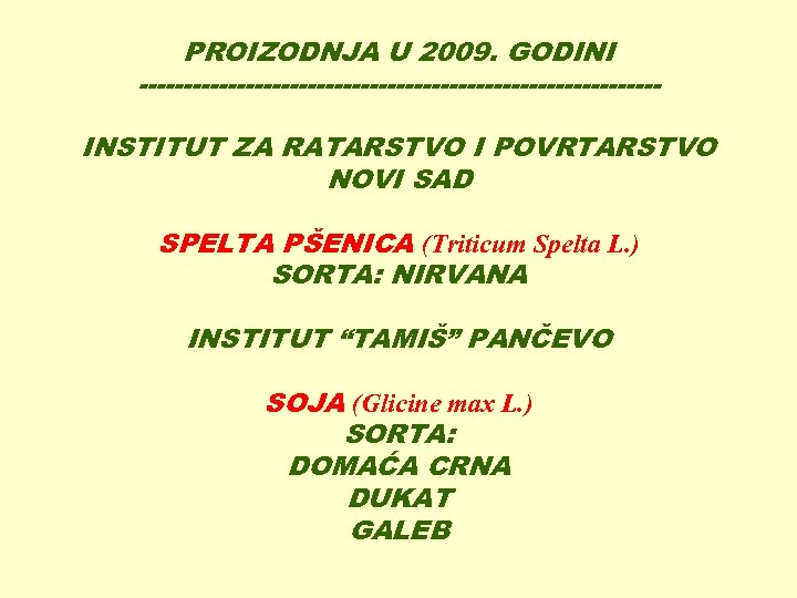 PROIZODNJA U 2009. GODINI -----------------------------INSTITUT ZA RATARSTVO I POVRTARSTVO NOVI SAD SPELTA PŠENICA (Triticum