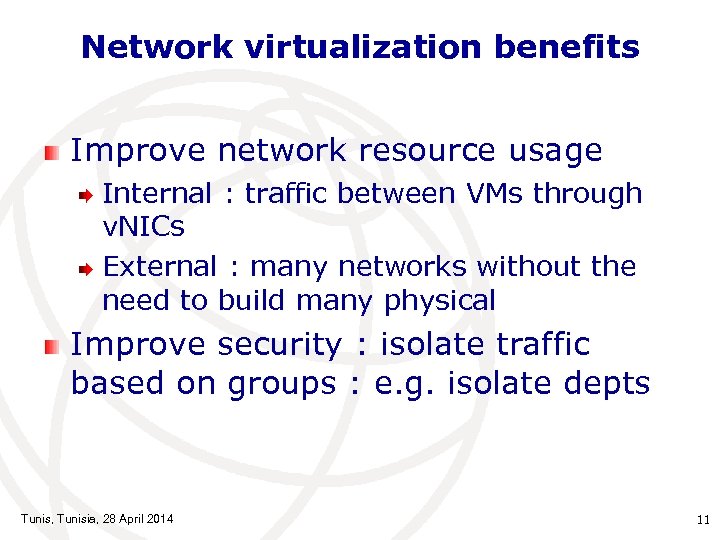 Network virtualization benefits Improve network resource usage Internal : traffic between VMs through v.