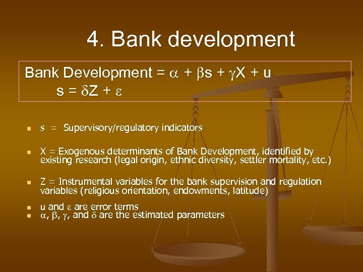 4. Bank development Bank Development = + s + X + u s =