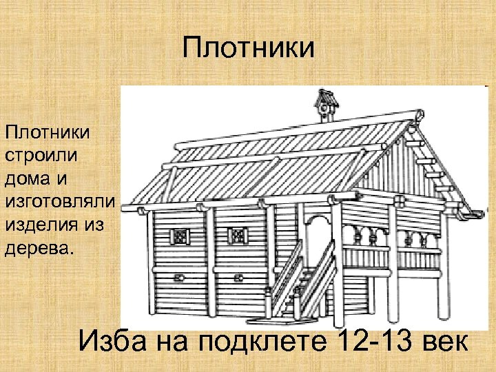 Плотники строили дома и изготовляли изделия из дерева. Изба на подклете 12 -13 век