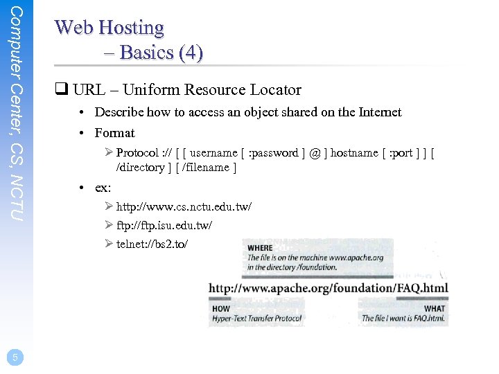 Computer Center, CS, NCTU 5 Web Hosting – Basics (4) q URL – Uniform